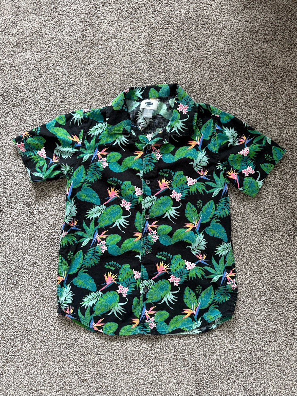 Boy’s Old Navy Green, Black, & Pink Tropical Floral Button-Up Short Sleeve Shirt